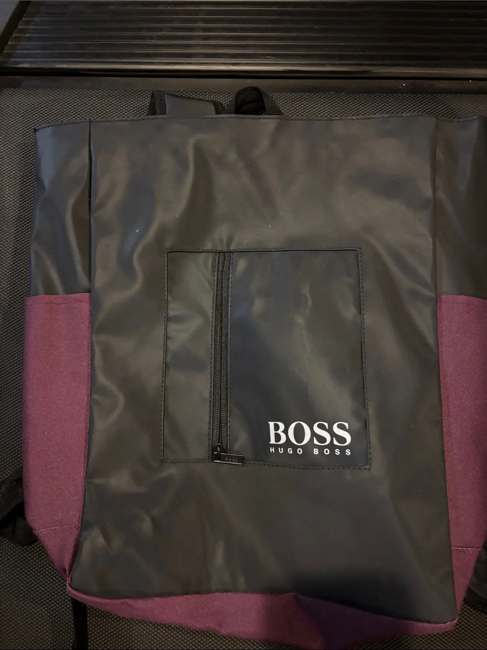 Hugo Boss Black and Burgundy Logo Front-Zip Backpack